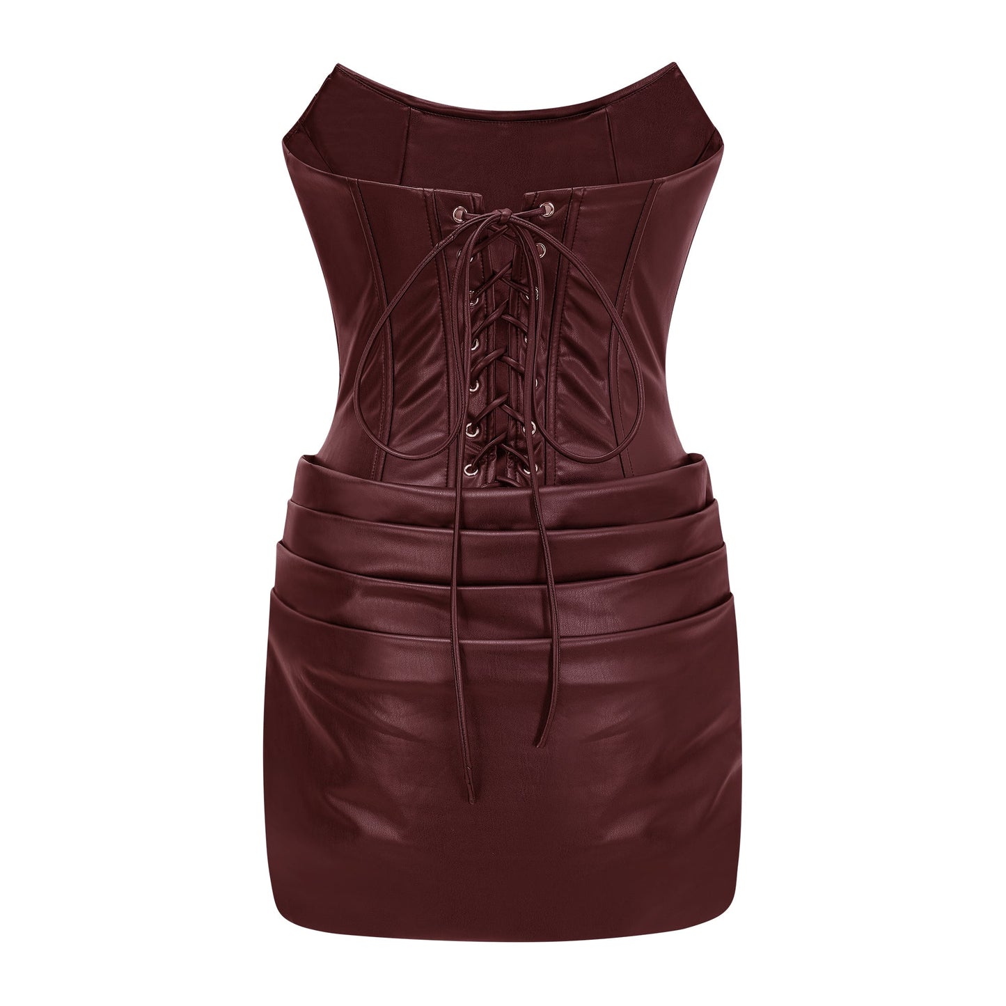 Agnes Brown Ruched Leather Bodycon Mini Dress