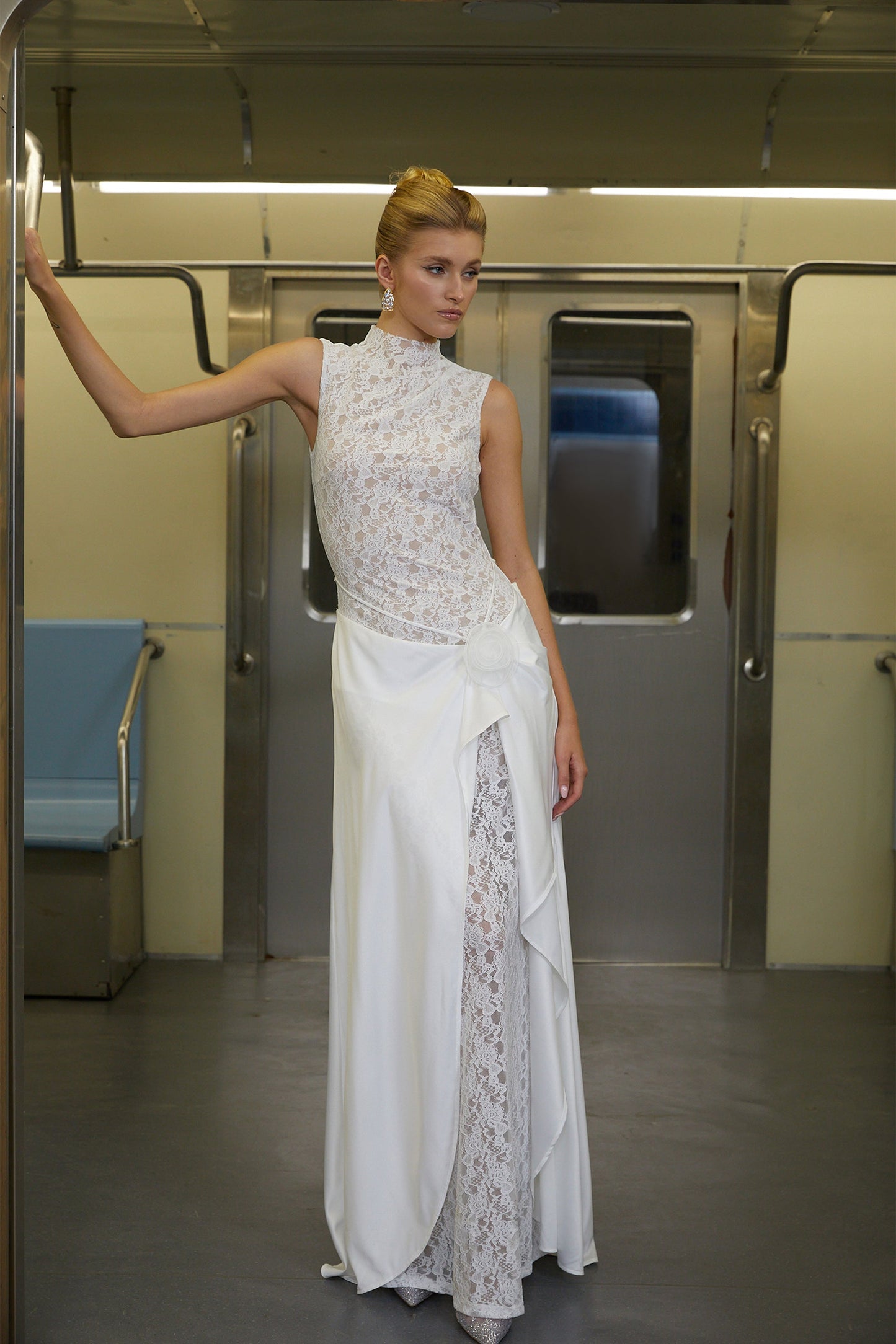 Emilia White Asymmetrical Floral Lace Maxi Dress