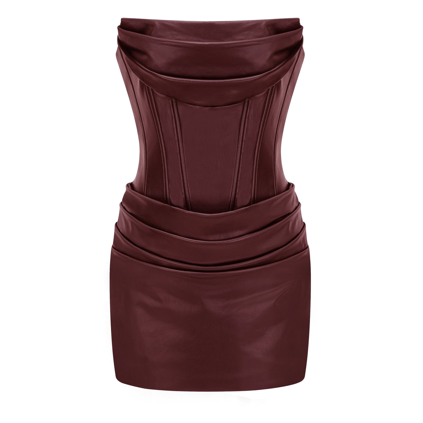 Agnes Brown Ruched Leather Bodycon Mini Dress