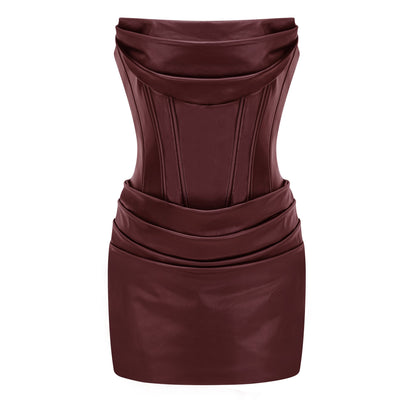Agnes Brown Ruched Leather Bodycon Mini Dress