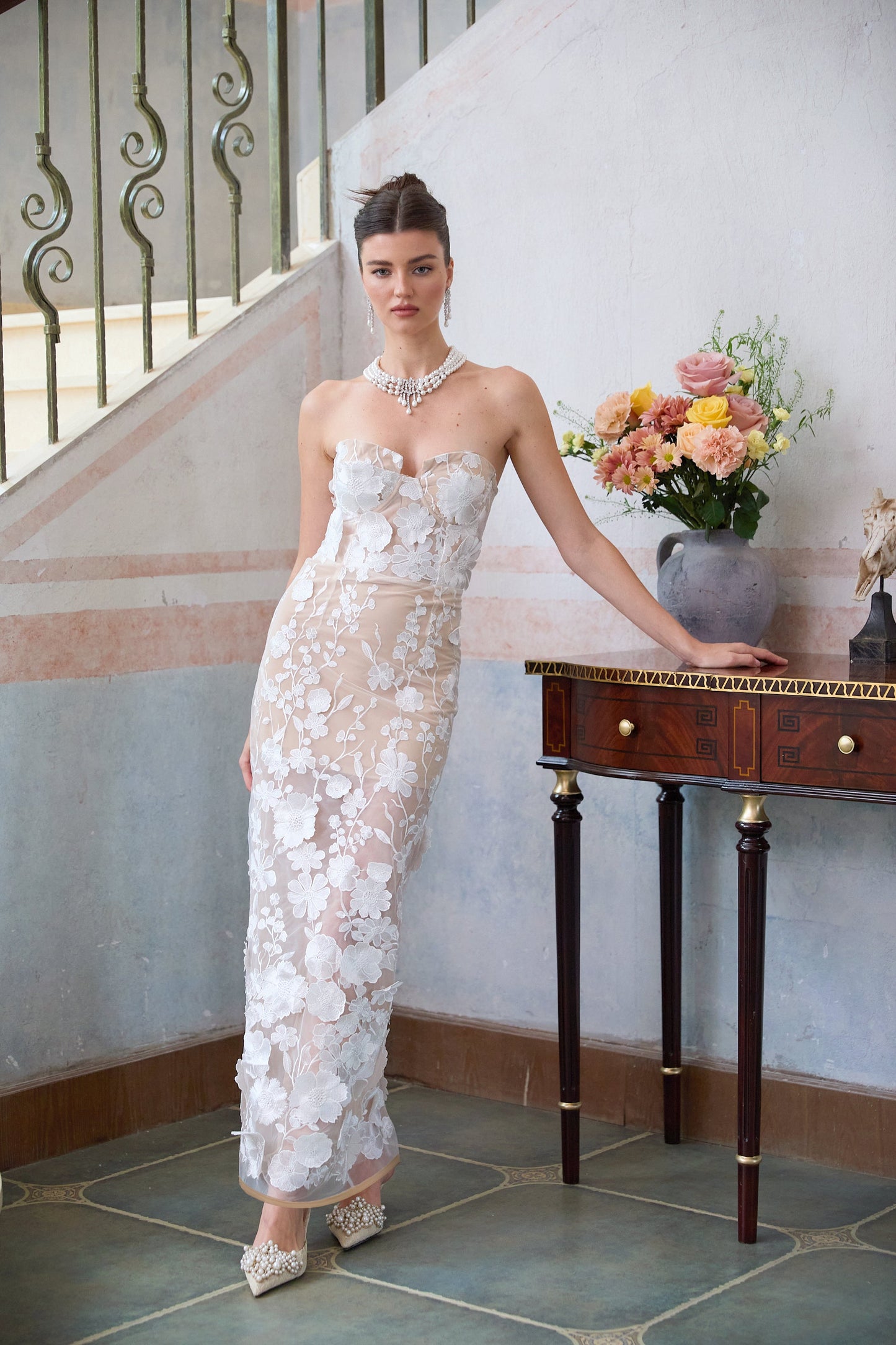 Brigitte White Floral Appliqué Corset Maxi Dress