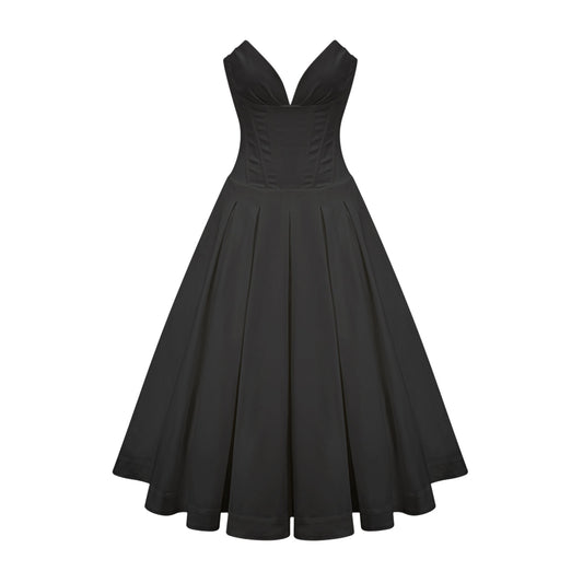 Katherine Black Off-Shoulder Corset Midi Dress (Final Sale-US Only)