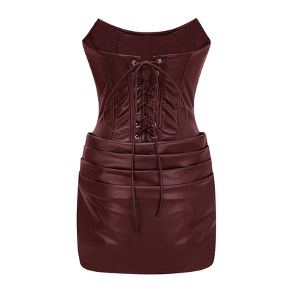 Agnes Brown Ruched Leather Bodycon Mini Dress