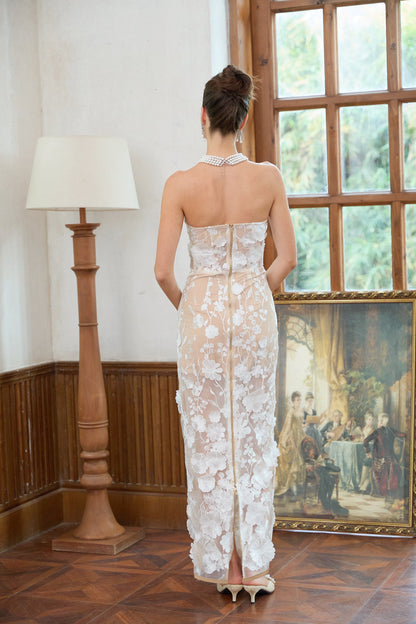 Brigitte White Floral Appliqué Corset Maxi Dress