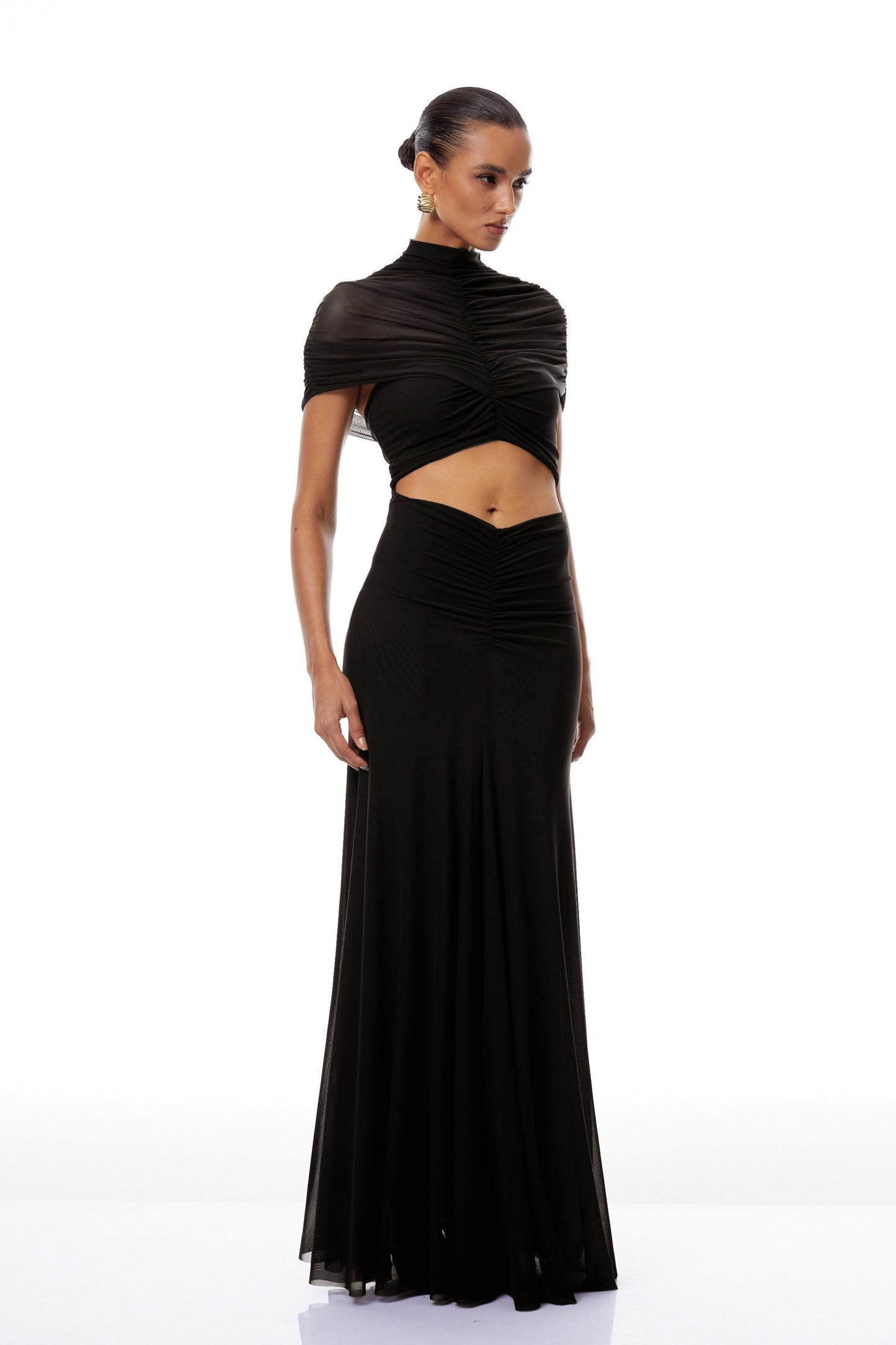Bruna Cut-Out Ruched Mesh Maxi Dress