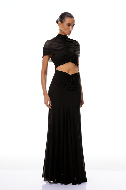 Bruna Cut-Out Ruched Mesh Maxi Dress