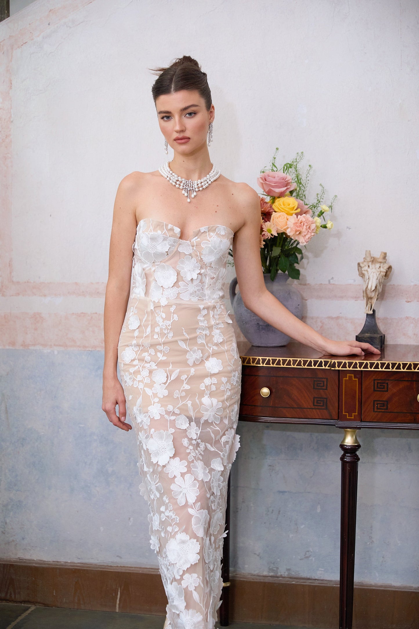 Brigitte White Floral Appliqué Corset Maxi Dress