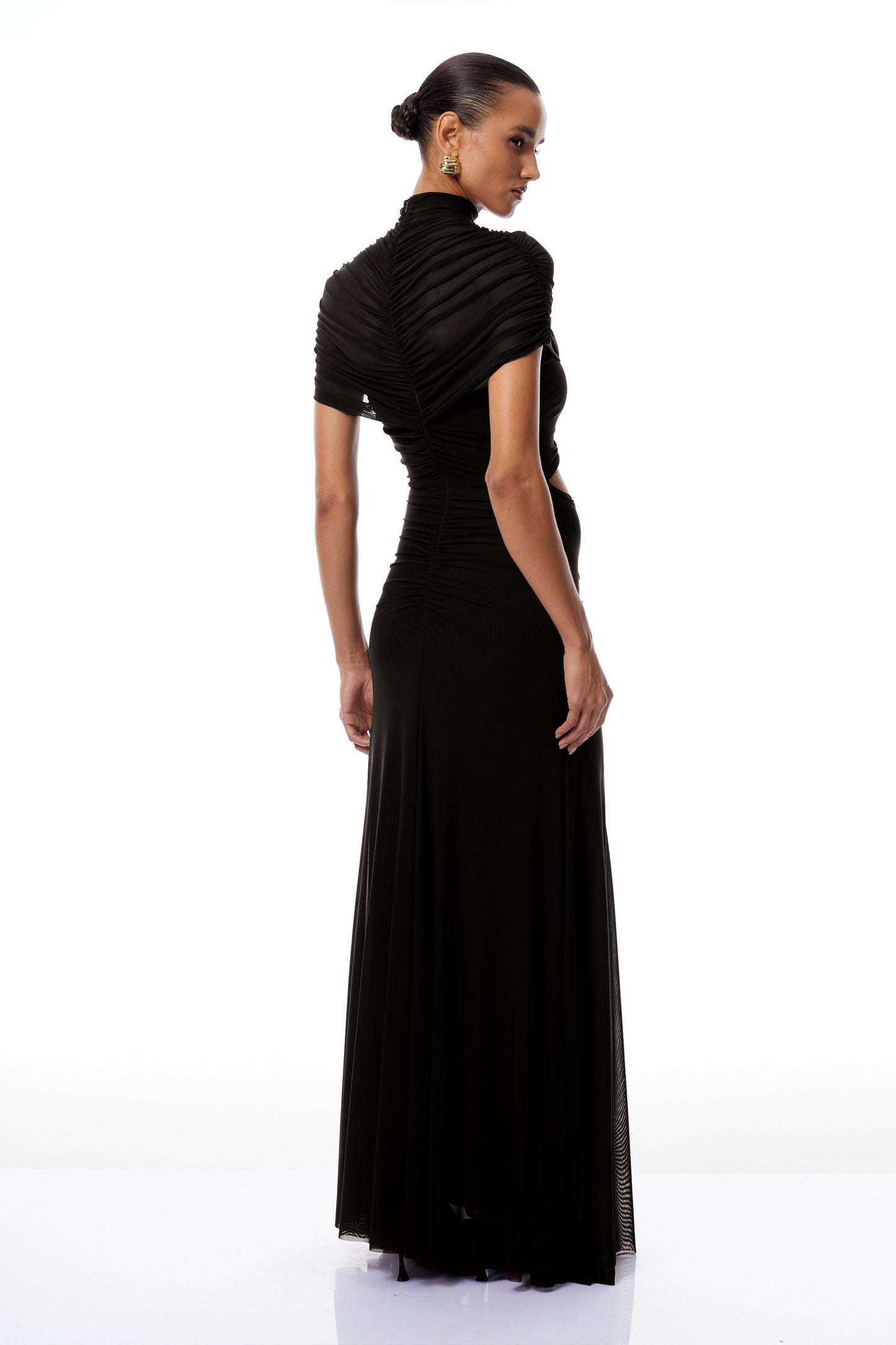 Bruna Cut-Out Ruched Mesh Maxi Dress