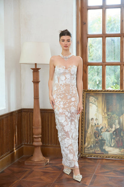 Brigitte White Floral Appliqué Corset Maxi Dress