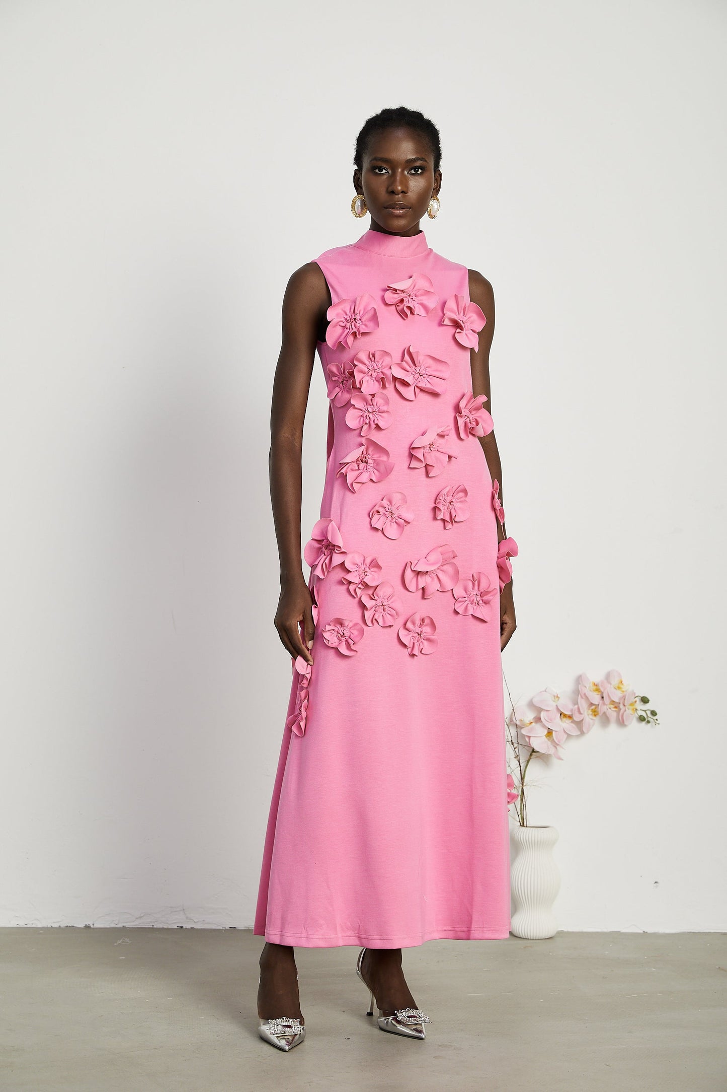 Magali Pink Sleeveless Maxi Dress with Faux Flower & Bow-Tie Embellishment