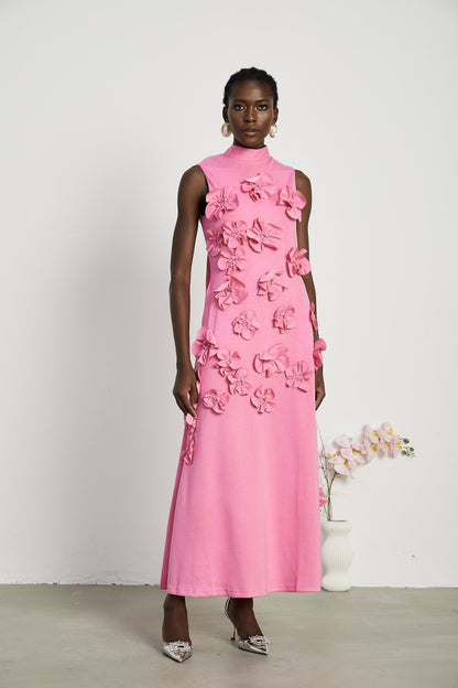 Magali Pink Sleeveless Maxi Dress with Faux Flower & Bow-Tie Embellishment