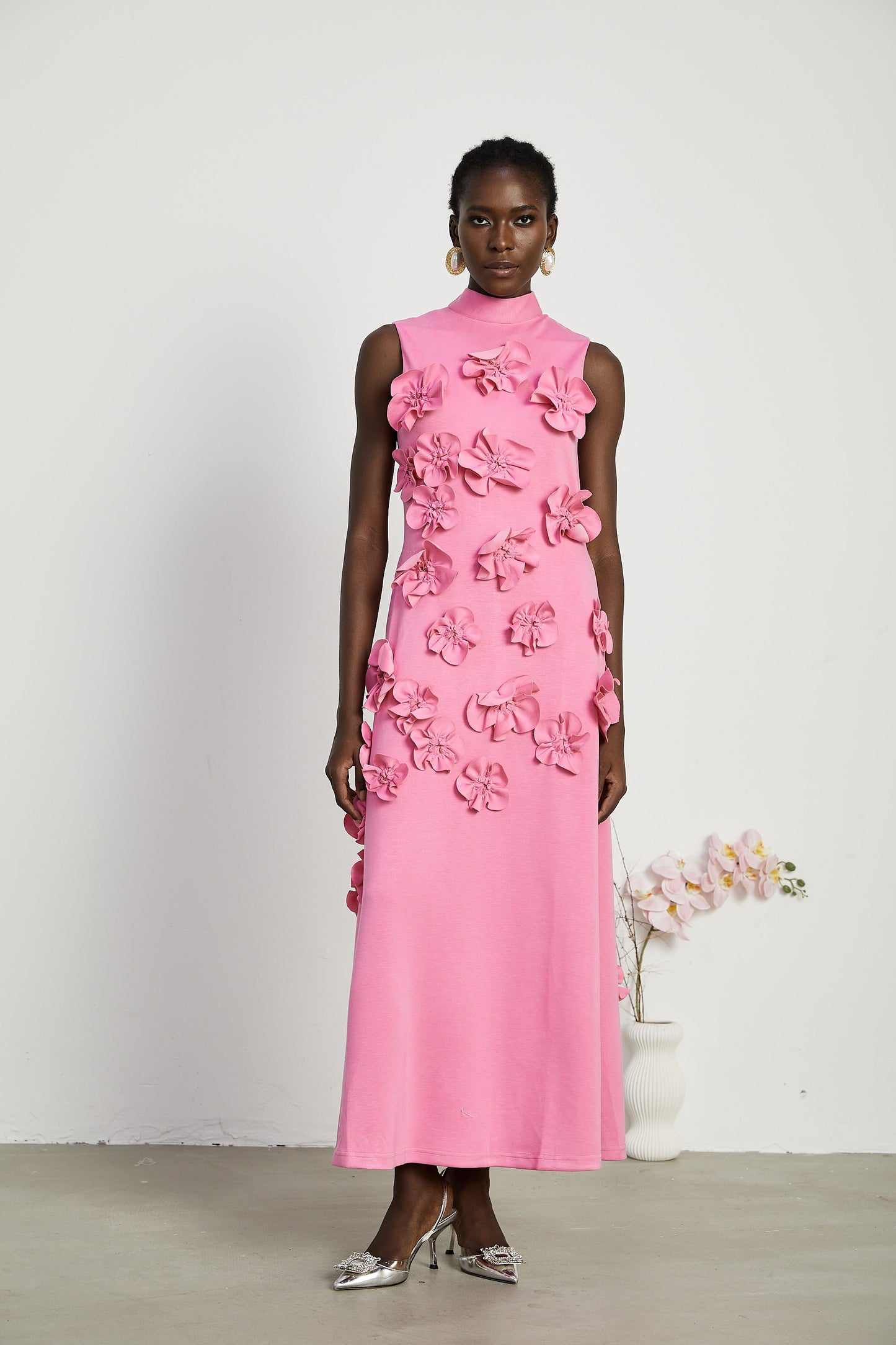 Magali Pink Sleeveless Maxi Dress with Faux Flower & Bow-Tie Embellishment