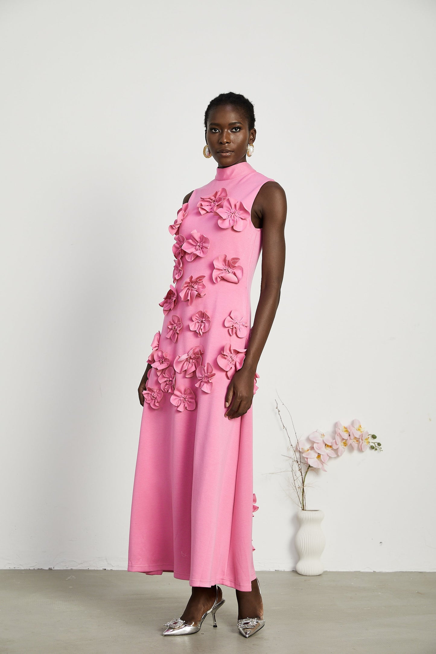 Magali Pink Sleeveless Maxi Dress with Faux Flower & Bow-Tie Embellishment
