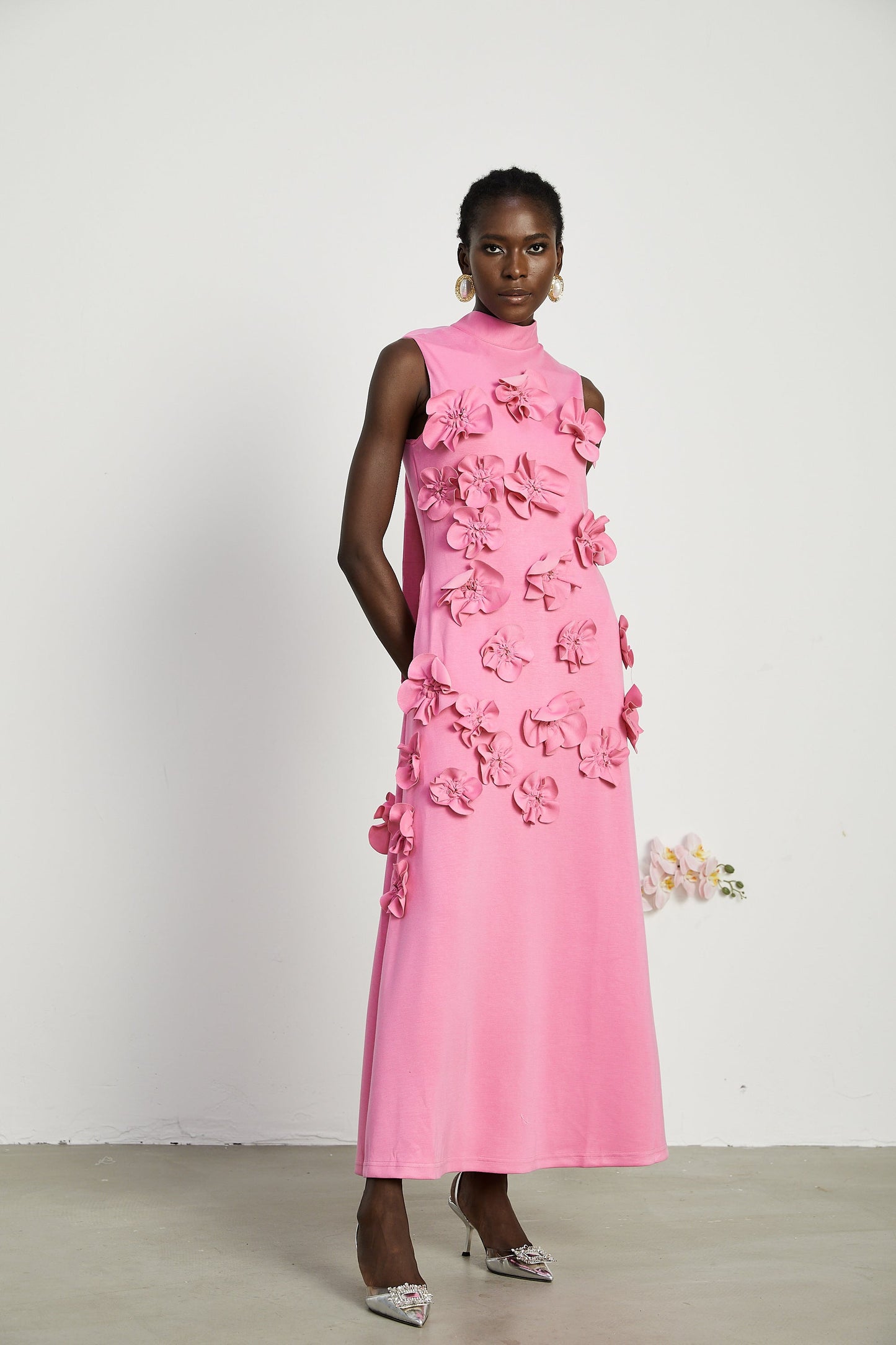 Magali Pink Sleeveless Maxi Dress with Faux Flower & Bow-Tie Embellishment