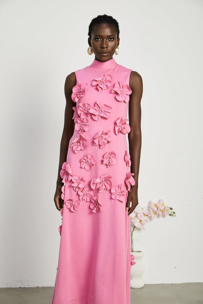 Magali Pink Sleeveless Maxi Dress with Faux Flower & Bow-Tie Embellishment
