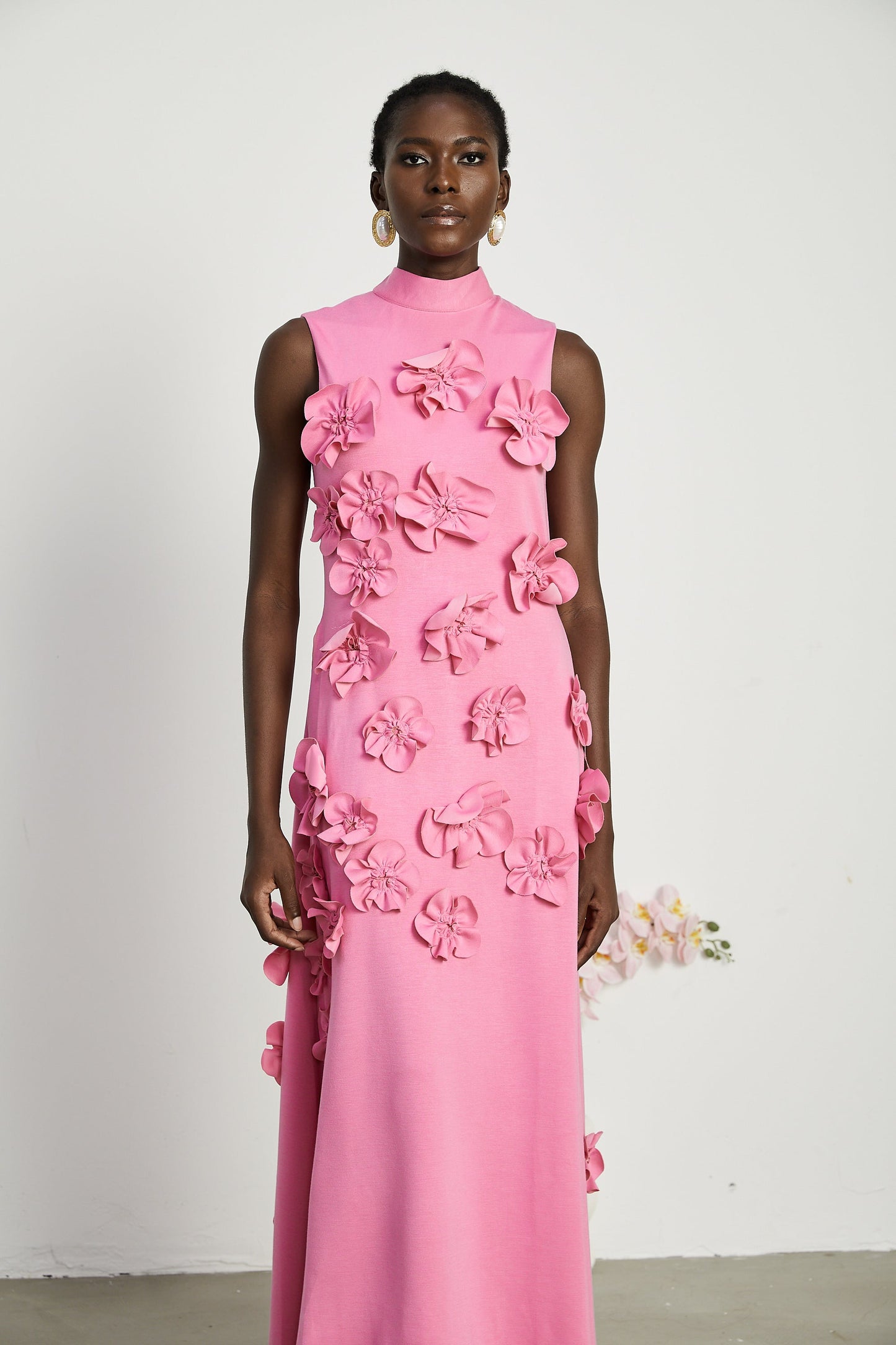 Magali Pink Sleeveless Maxi Dress with Faux Flower & Bow-Tie Embellishment