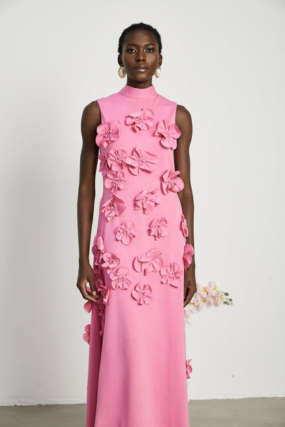Magali Pink Sleeveless Maxi Dress with Faux Flower & Bow-Tie Embellishment