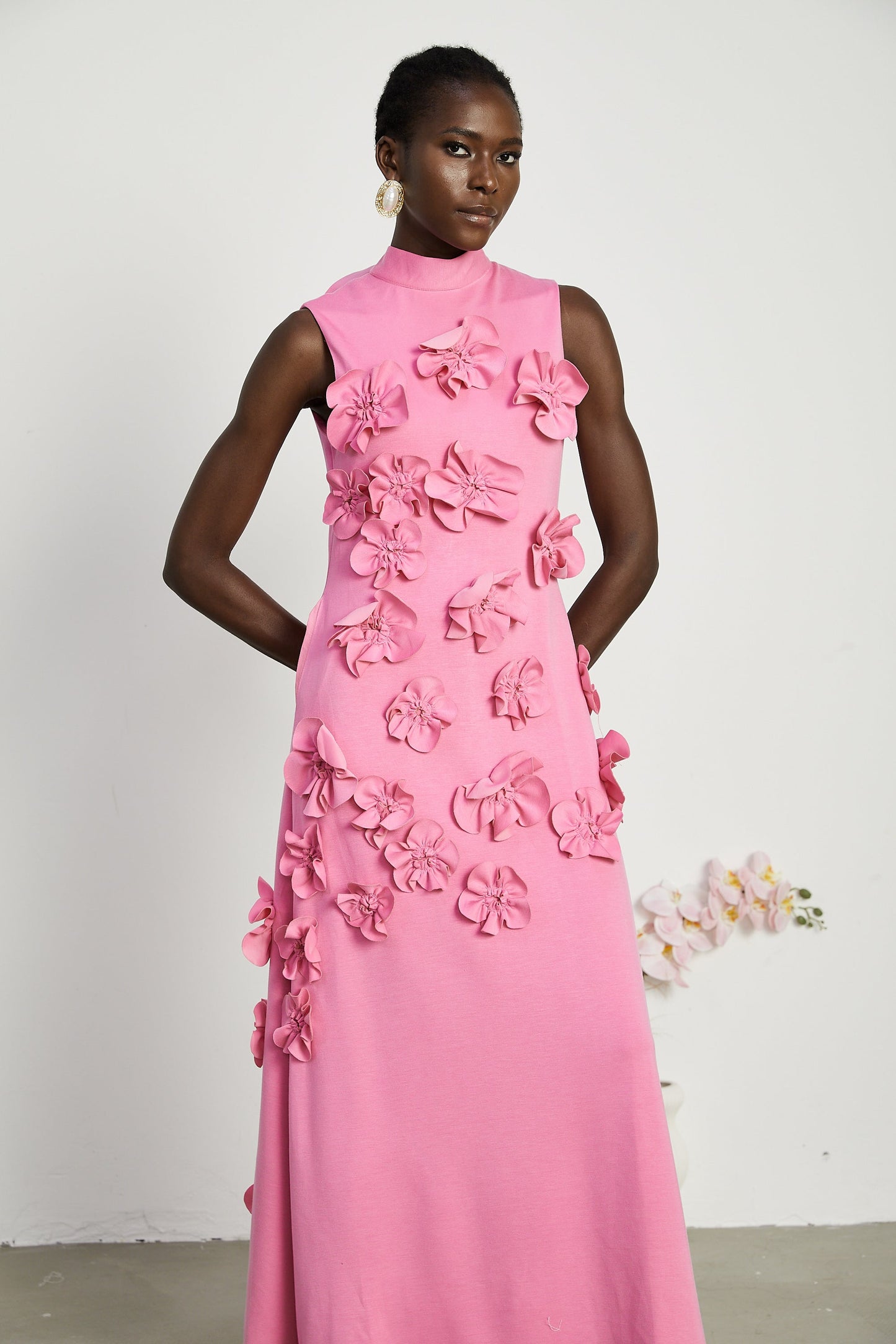 Magali Pink Sleeveless Maxi Dress with Faux Flower & Bow-Tie Embellishment
