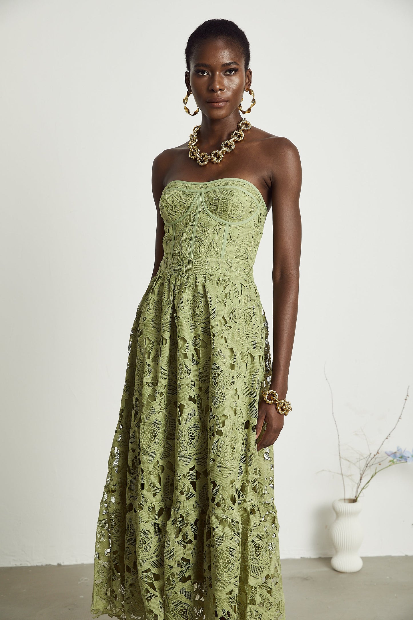 Inès lace floral embroidered cut-out midi dress in Green