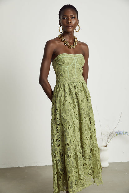 Inès lace floral embroidered cut-out midi dress in Green