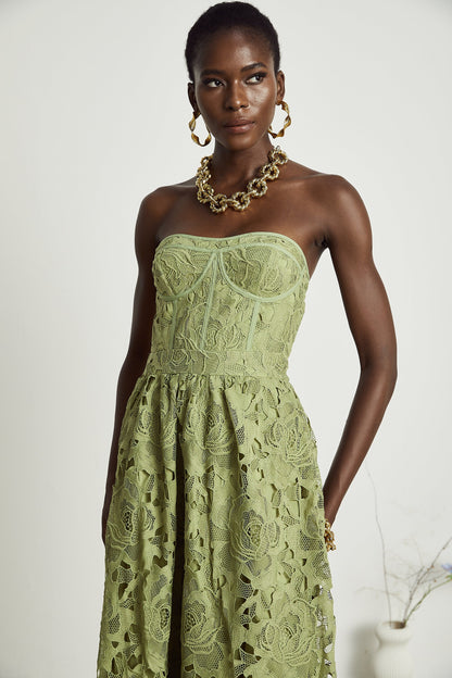 Inès lace floral embroidered cut-out midi dress in Green