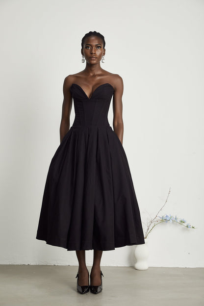 Katherine Black Off-Shoulder Corset Midi Dress (Final Sale-US Only)