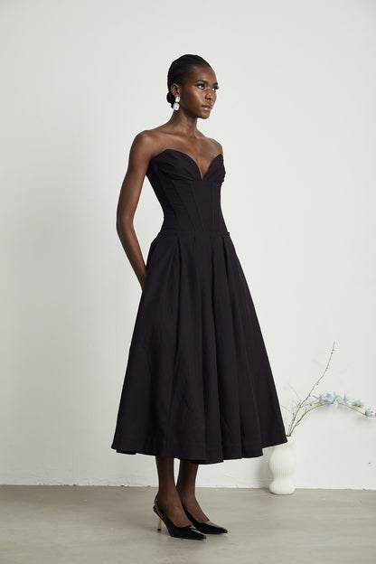 Katherine Black Off-Shoulder Corset Midi Dress (Final Sale-US Only)