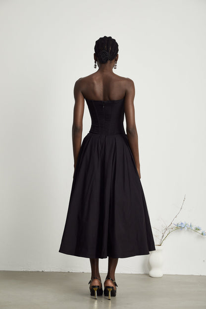 Katherine Black Off-Shoulder Corset Midi Dress (Final Sale-US Only)