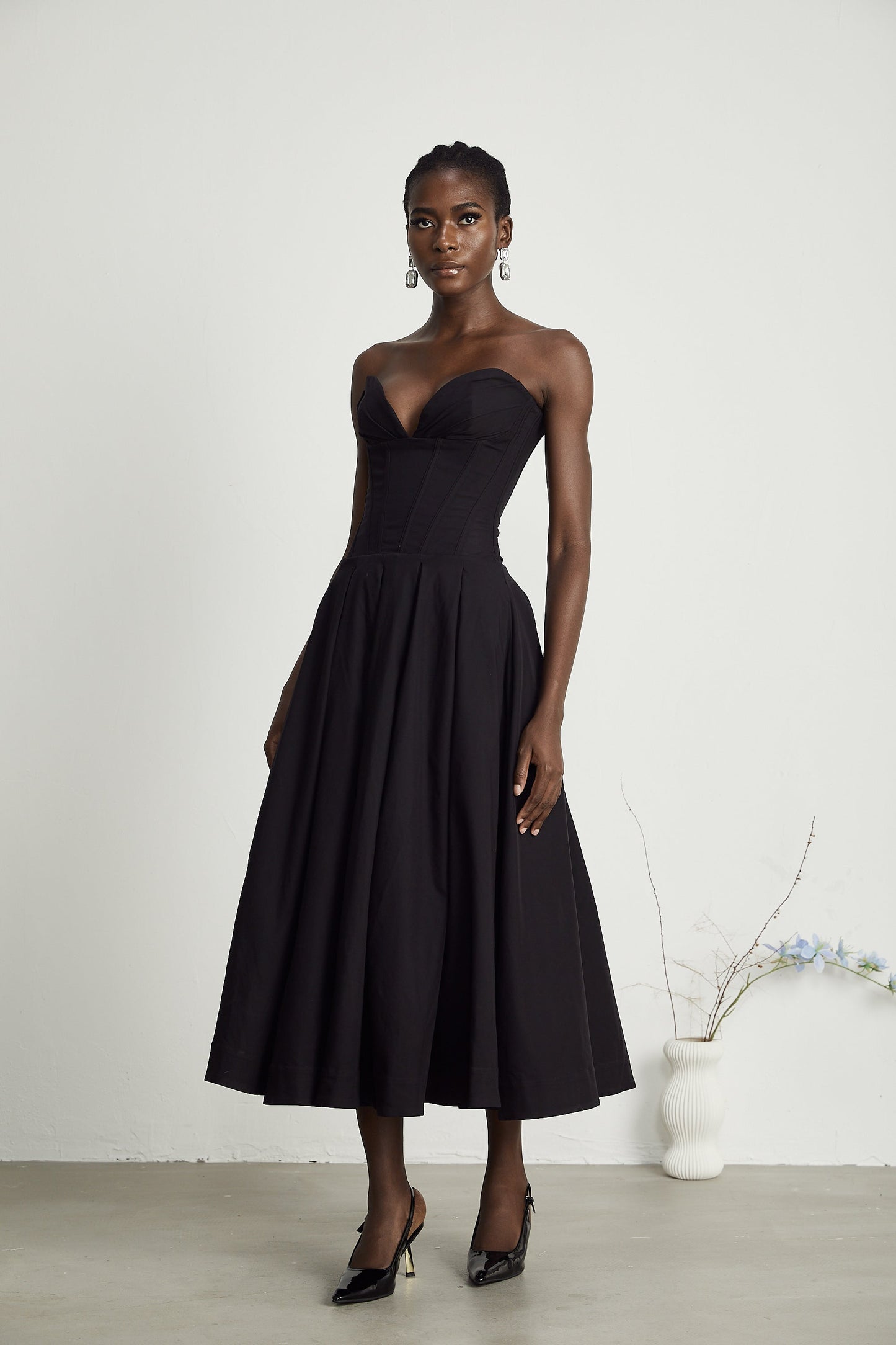 Katherine Black Off-Shoulder Corset Midi Dress (Final Sale-US Only)