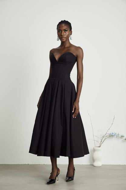 Katherine Black Off-Shoulder Corset Midi Dress (Final Sale-US Only)