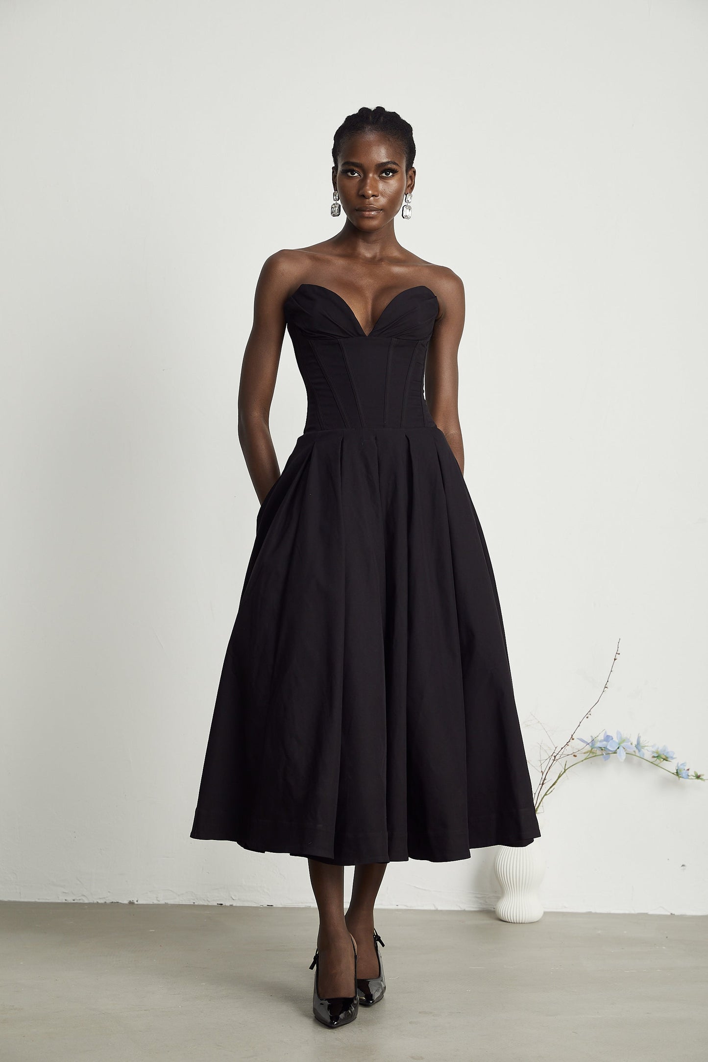 Katherine Black Off-Shoulder Corset Midi Dress (Final Sale-US Only)