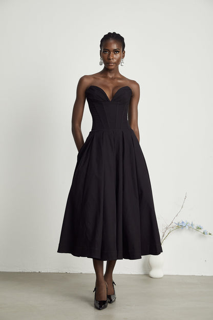 Katherine Black Off-Shoulder Corset Midi Dress (Final Sale-US Only)