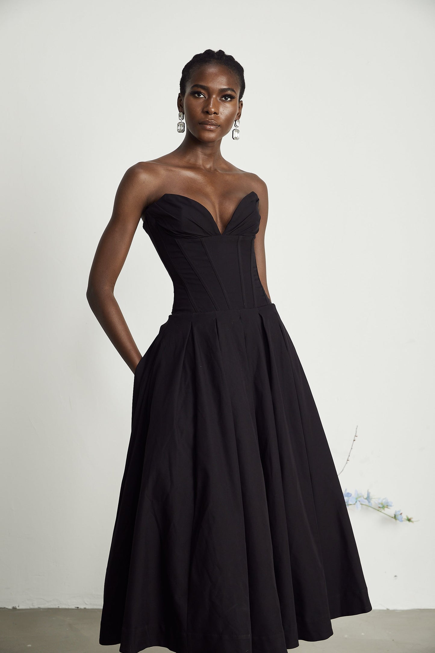 Katherine Black Off-Shoulder Corset Midi Dress (Final Sale-US Only)