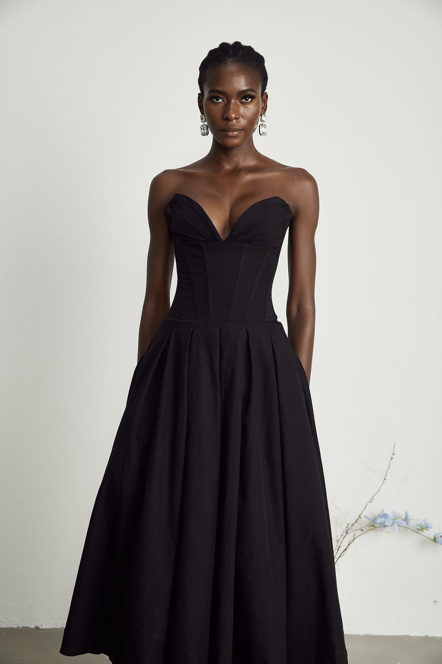 Katherine Black Off-Shoulder Corset Midi Dress (Final Sale-US Only)