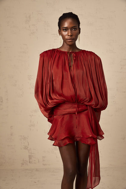 Eugénie Red Fully Pleated Ruffled Mini Dress