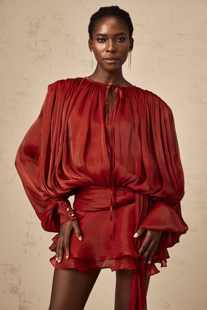 Eugénie Red Fully Pleated Ruffled Mini Dress