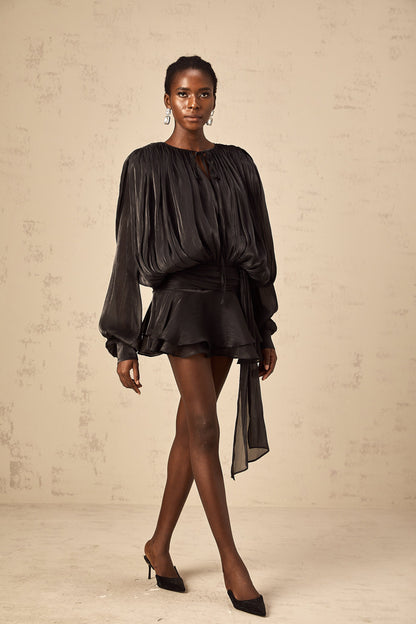 Eugénie Black Fully Pleated Ruffled Mini Dress