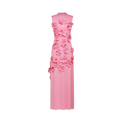 Magali Pink Sleeveless Maxi Dress with Faux Flower & Bow-Tie Embellishment