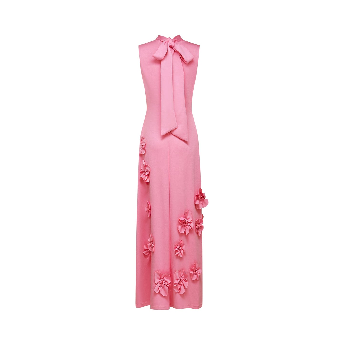 Magali Pink Sleeveless Maxi Dress with Faux Flower & Bow-Tie Embellishment