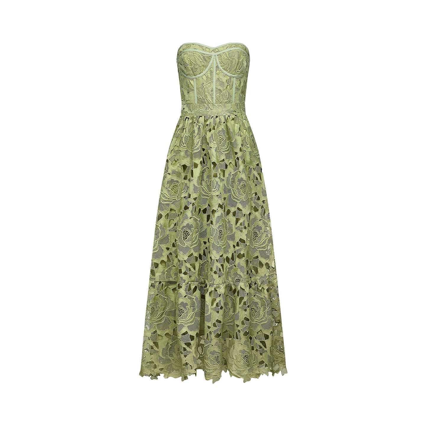 Inès lace floral embroidered cut-out midi dress in Green
