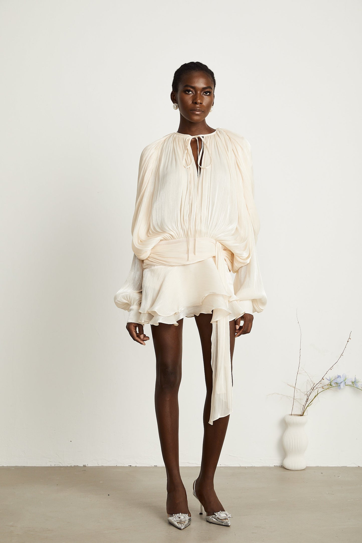 Eugénie Neutral Fully Pleated Ruffled Mini Dress