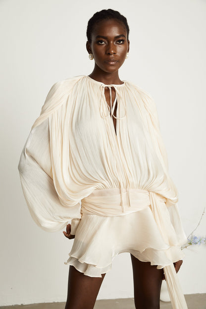 Eugénie Neutral Fully Pleated Ruffled Mini Dress