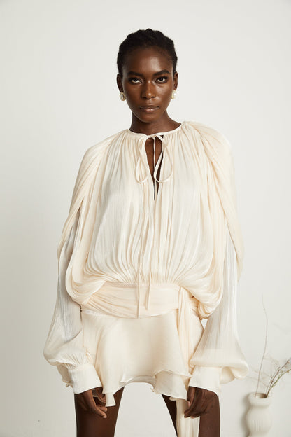 Eugénie Neutral Fully Pleated Ruffled Mini Dress