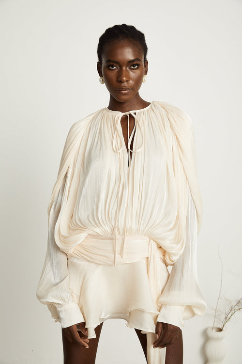 Eugénie Neutral Fully Pleated Ruffled Mini Dress