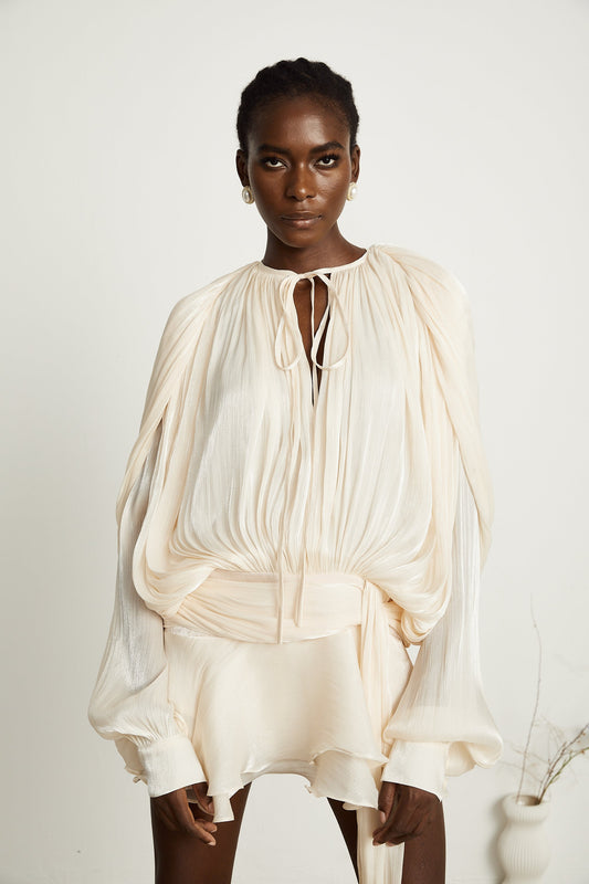 Eugénie Neutral Fully Pleated Ruffled Mini Dress