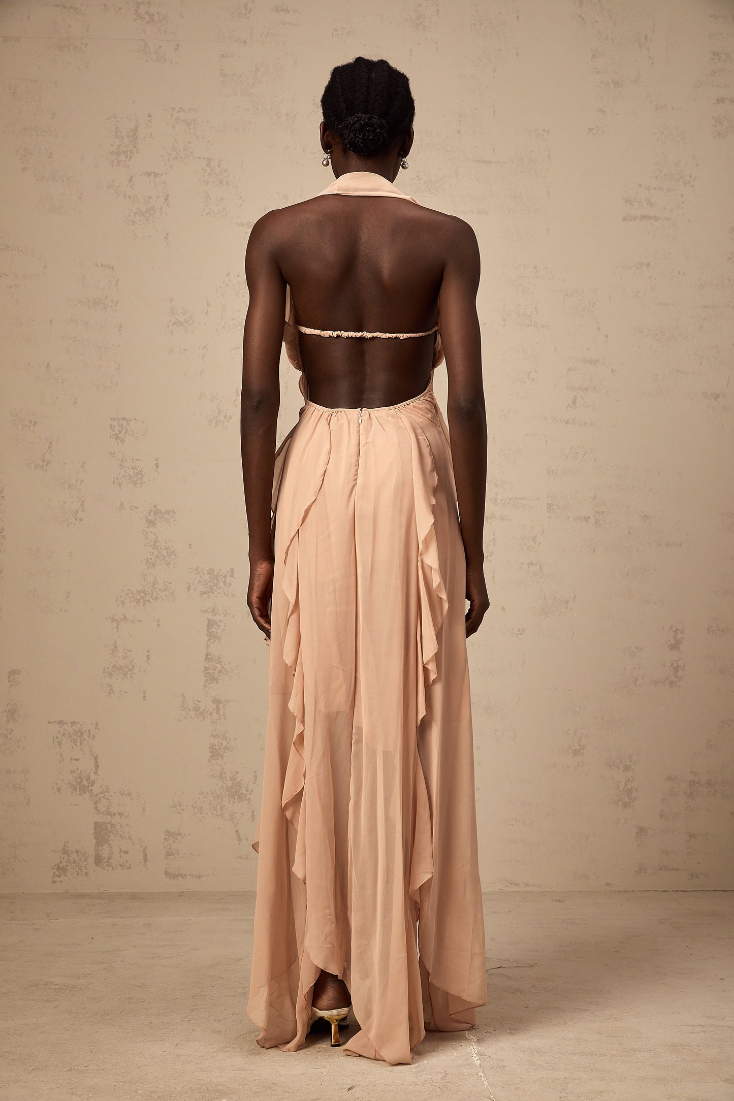 Mariah Pink Chiffon Ruffle Halterneck Maxi Dress