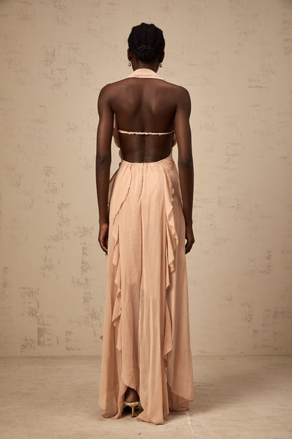 Mariah Pink Chiffon Ruffle Halterneck Maxi Dress