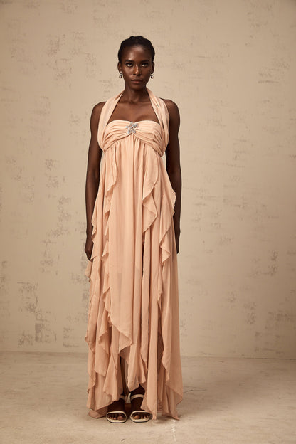 Mariah Pink Chiffon Ruffle Halterneck Maxi Dress