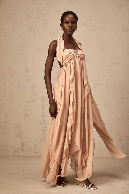 Mariah Pink Chiffon Ruffle Halterneck Maxi Dress