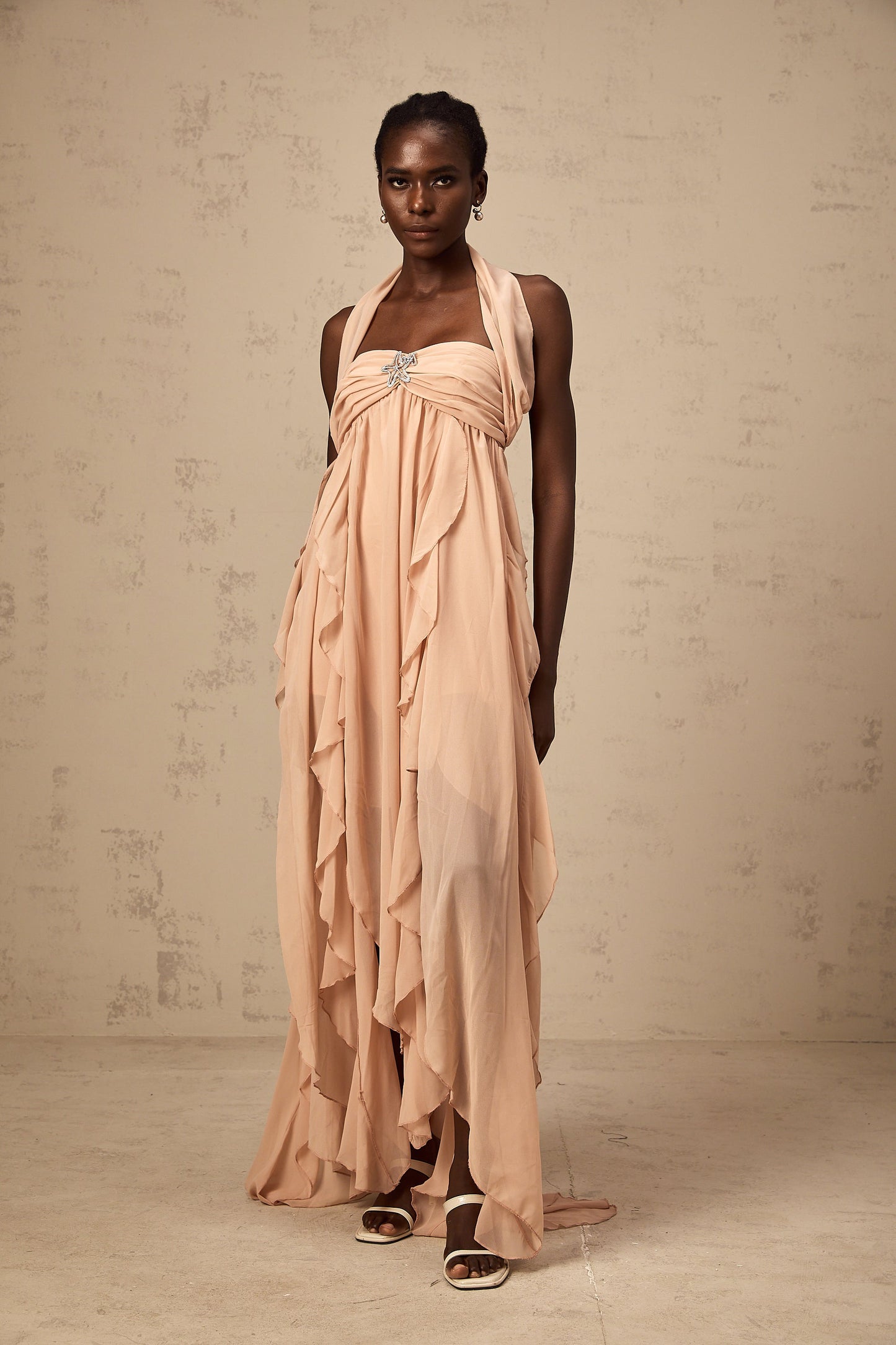 Mariah Pink Chiffon Ruffle Halterneck Maxi Dress